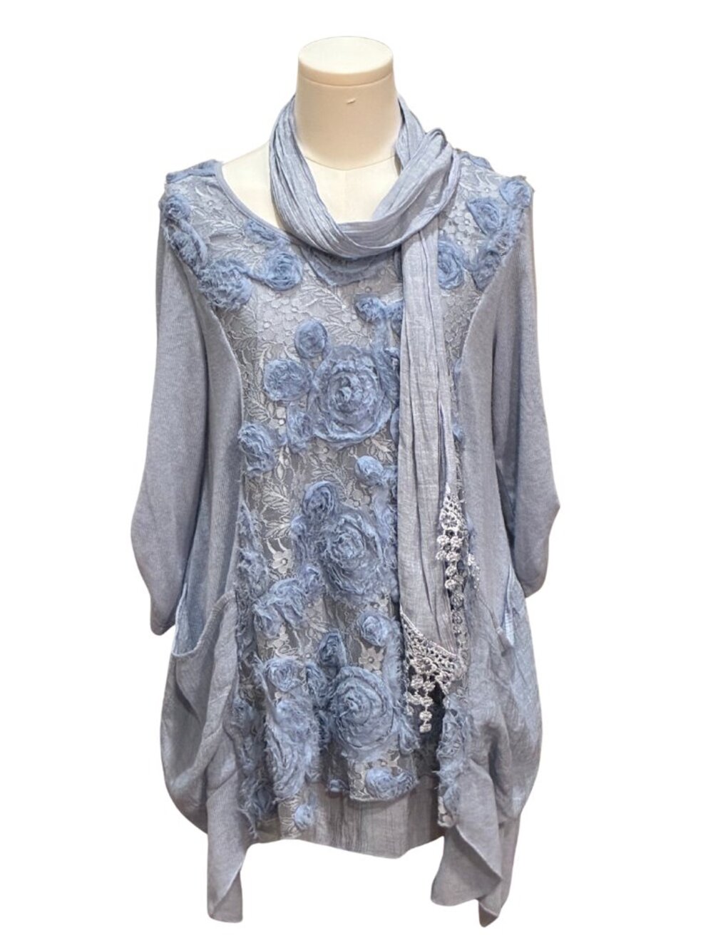 Feratelli Gray Floral Lace Rosette Tunic Top W/ Scarf Boho Feminine Fairycore M